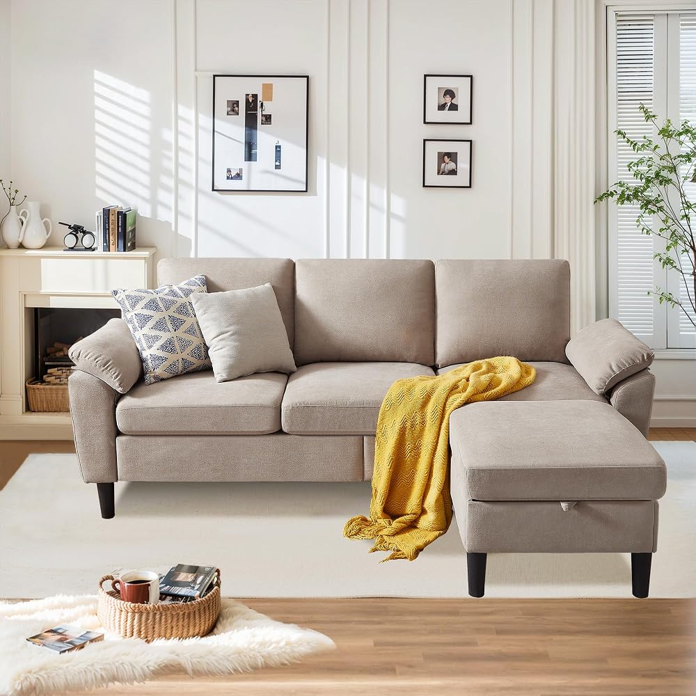 Sectional Sofa for Living Room, 80" L Shaped 3 Seater Couch with Movable Storage Ottoman Armrest Pillows, Polyster Fabre Comfy Sofa for Small Spaces, Beige