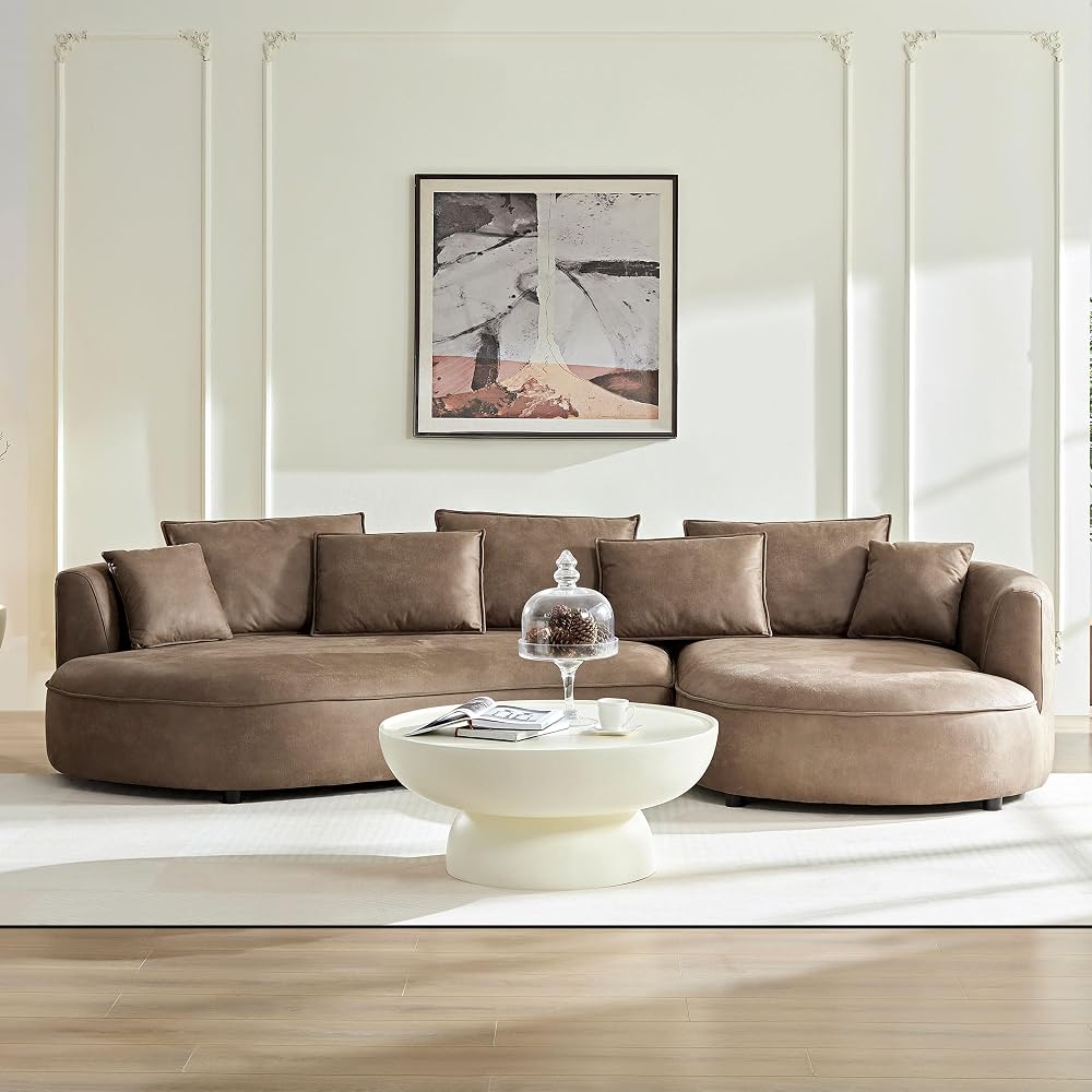 KEIKI 129" Curved Modular Leathaire Sectional Sofa with Right Chaise, Brown