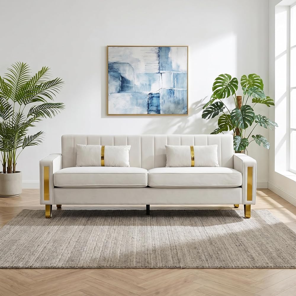 85" Sofa Couch,Velvet Sofa with 2 Pillows & Gold Legs,750 LBs Sturdy Frame Modern Couch for Bedroom,Apartment,Office