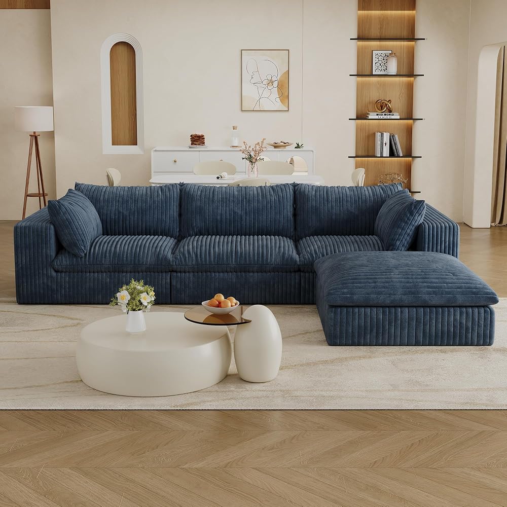 KEIKI 118.2" Oversized Cloud Sofa with Ottoman, Deep Seat Couch with 2 Pillows, DIY Combination Seat for Living Room, Bedroom,Conference Room,Apartment, Blue