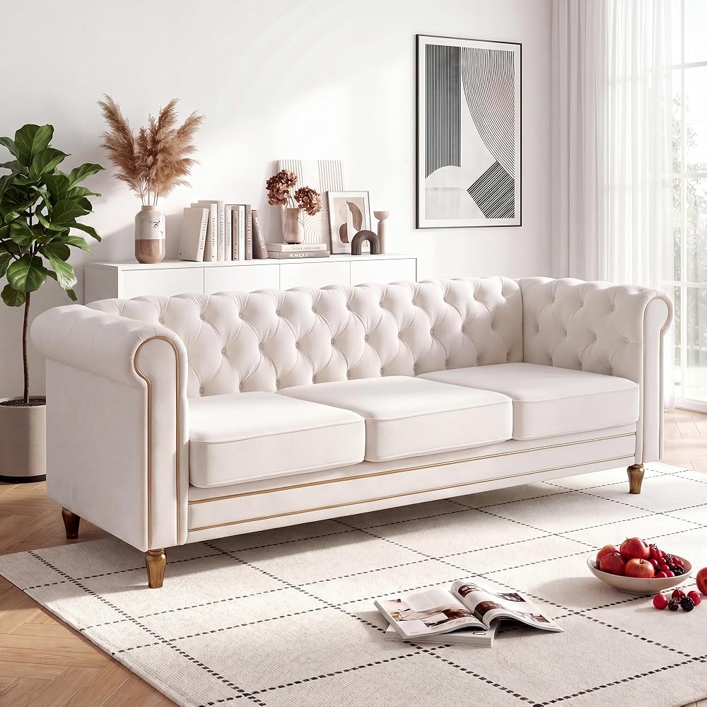 84'' Velvet Chesterfield Sofa,3 Seater Mid-Century Modern Couch,Beige