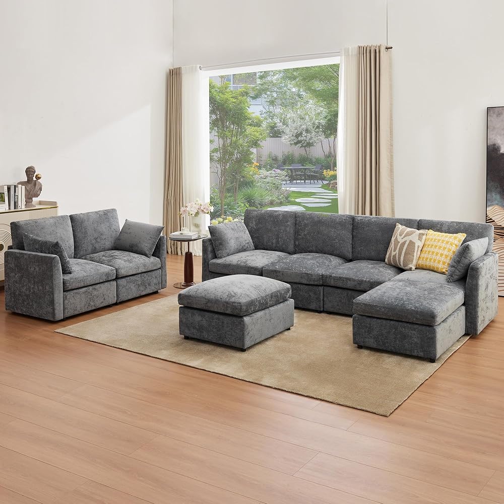 Tbfit Modular Sectional Couch 8 Seat, Cloud Sofa for Living Room, Chenille Sofa Set with Ottoman, Grey
