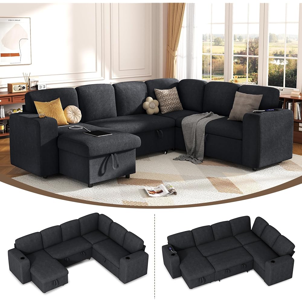 wanan Sectional Sleeper Sofa with Pull Out Couch Bed, 7 Seats Modular U Shaped Cloud Couch with Storage Chaise, Dual Arm Storage & USB Charging, Adjustable Backrest Sofa, Dark Grey Cashmere Wool