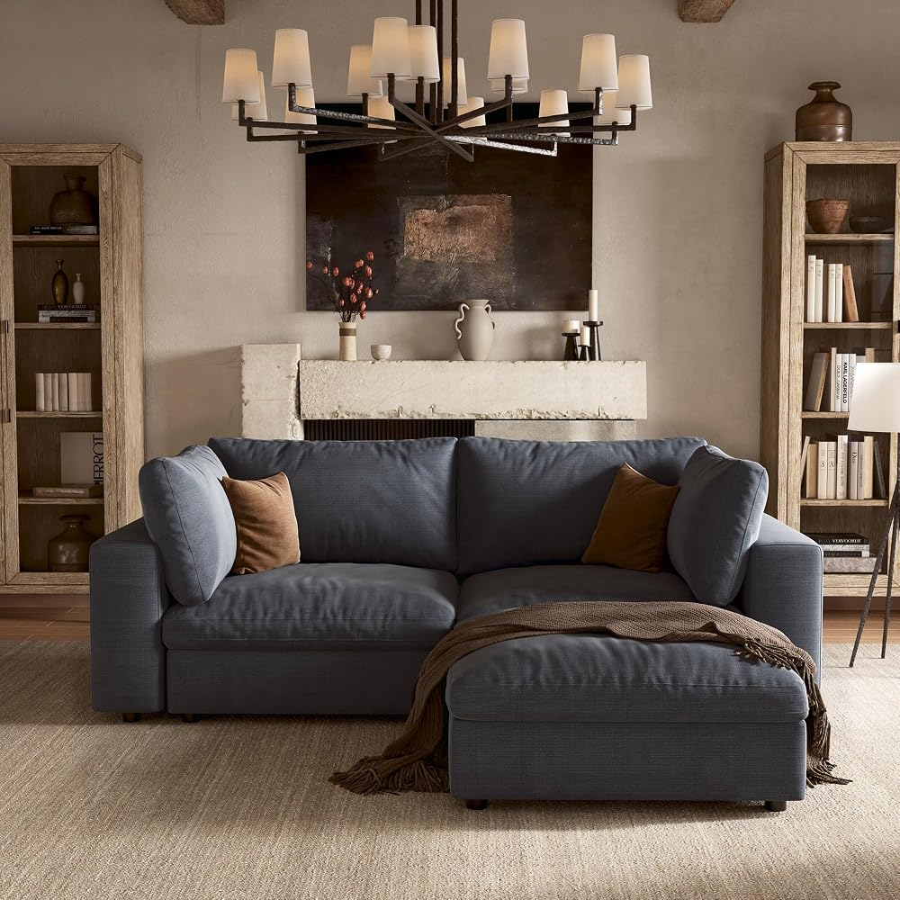 79'' Cloud Sectional Couch with Washable Cover, Oversized L-Shaped Sectional Couch with Throw Pillow and Storage Ottoman, Deep Seat Modular Sectional Loveseat Sofa for Living Room, Blue
