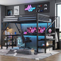 Queen Size Loft Bed with Desk and Stairs,Metal Gaming Loft Bed Queen with Wardrobe and Shelf, High Loft Bed with LED & USB Charging Station for Teens, Adults, Space Saving Design,Black