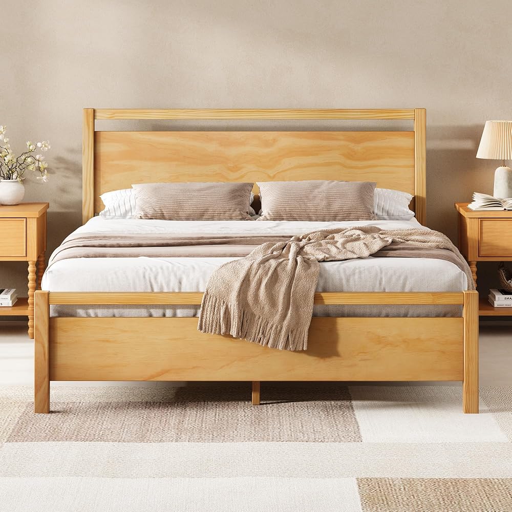 AMERLIFE Minimalist King Size Solid Wood Bed Frame with Headboard