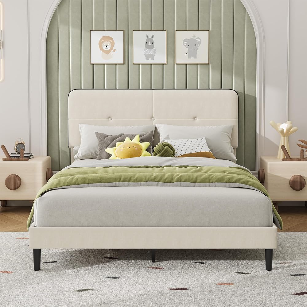 IDEALHOUSE Queen Size Platform Bed Frame with Velvet Headboard, White