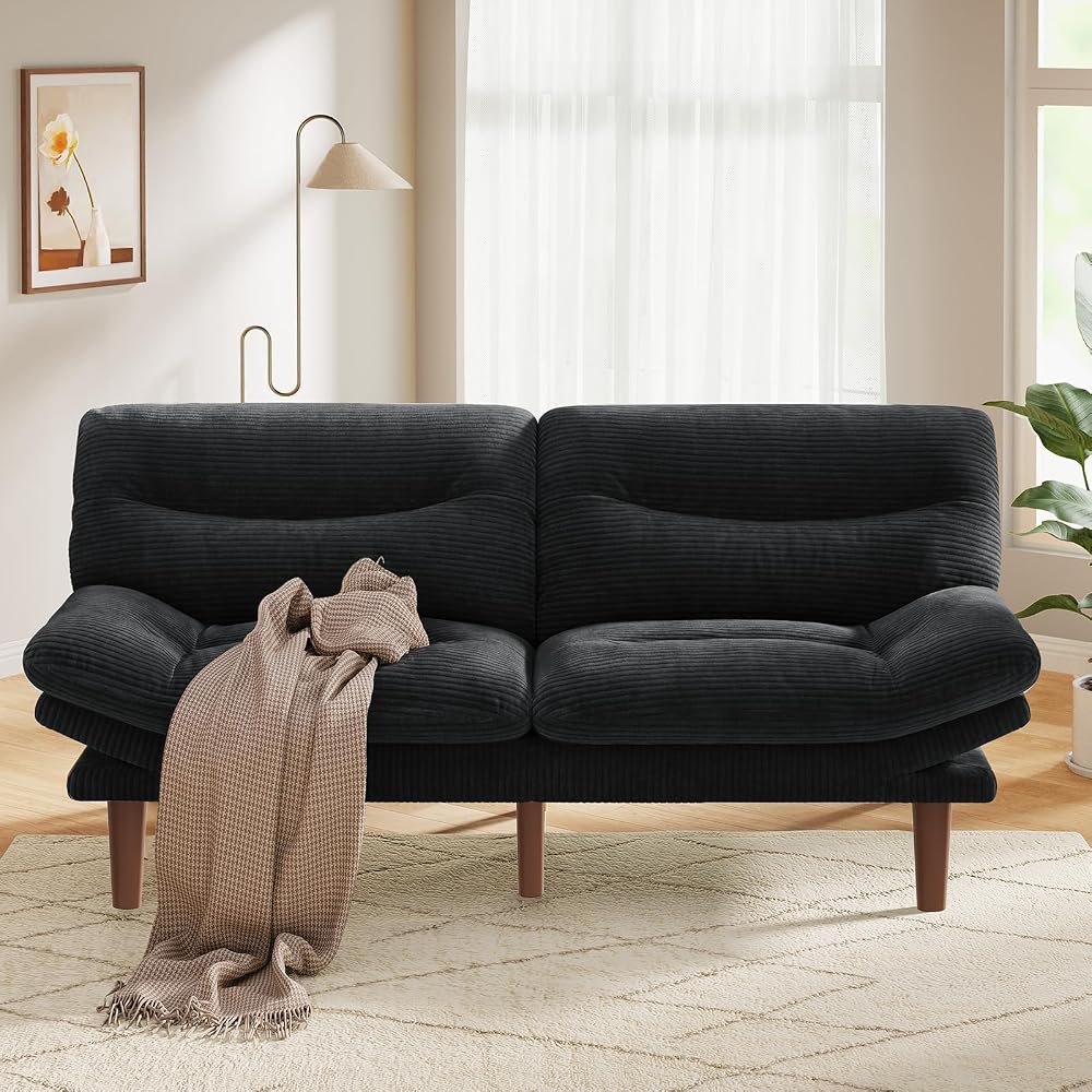 Pipishell 66" Futon Sofa Bed, Convertible Corduroy Space-Saver Couch with Adjustable Back & Armrests, Recliner Sleeper for Small Apartments, Office, Guest Room (Black)