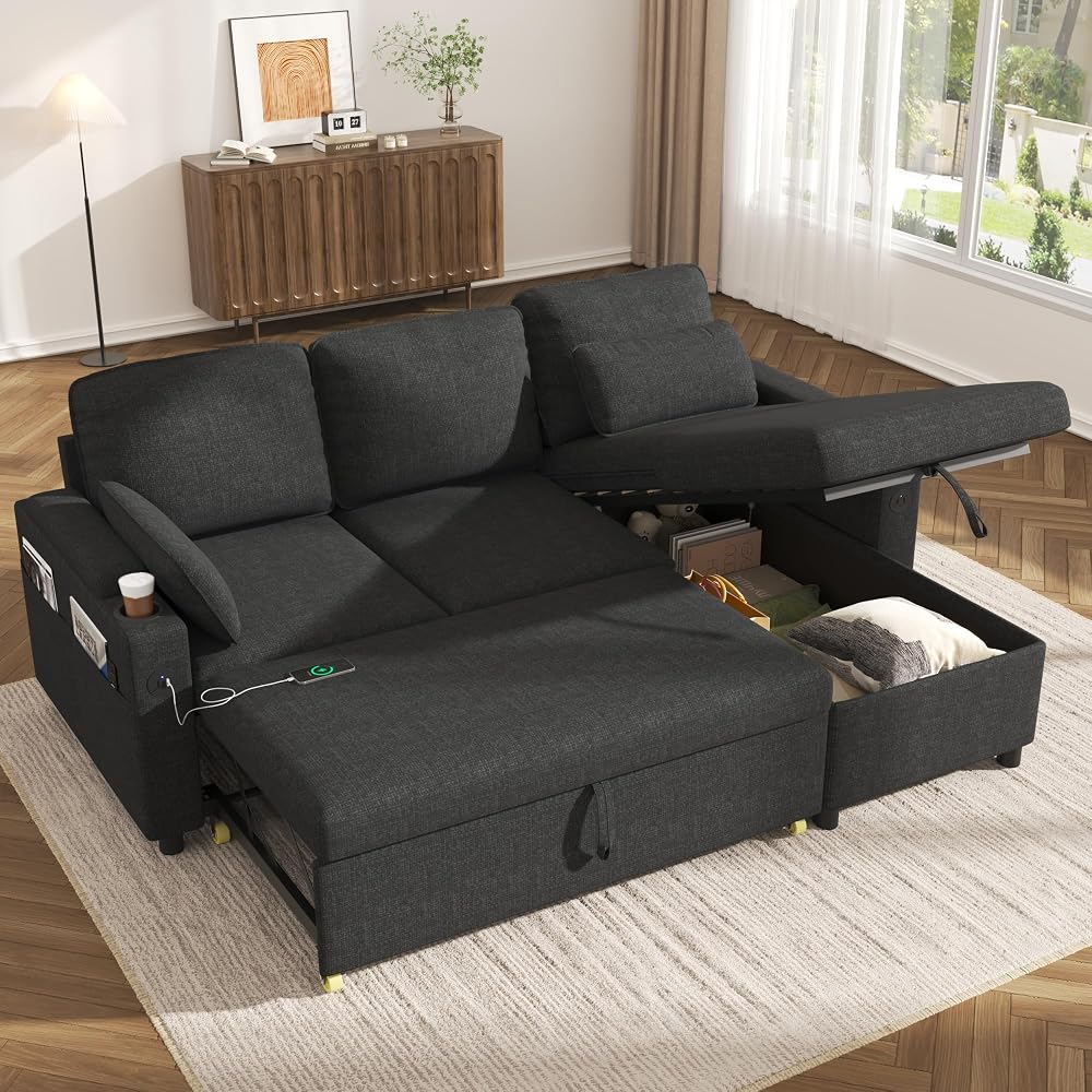 Sofa Bed Pull Out 2 in 1 Sectional Sleeper Sofa L Shaped Couch with Storage