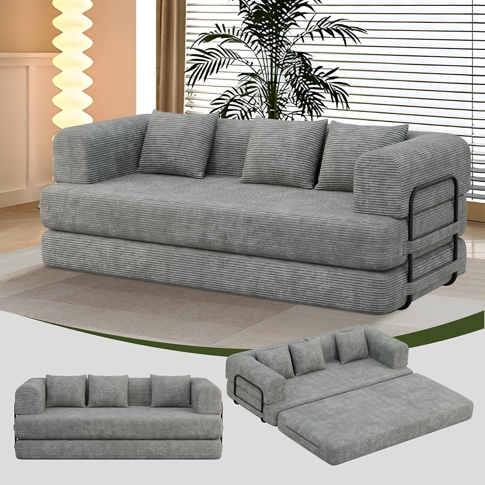HAOBO Home Convertible Sofa Bed Compression Sofa with Armrests and Backrest Corduroy Sleeper Sofa Bed with 3 Pillows Modular Sectional for Living Room, Bedroom, Lounge, Studio