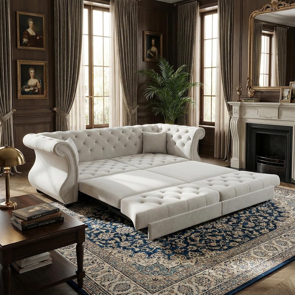83.8" Queen Size Sleeper sofa bed, 3-in-1 Convertible Oversized Chesterfield Pull Out Couch, Roll Arm Velvet Couch with Flower Tufting, Upholstery for Living Room/Bedroom/Apartment, Light Grey