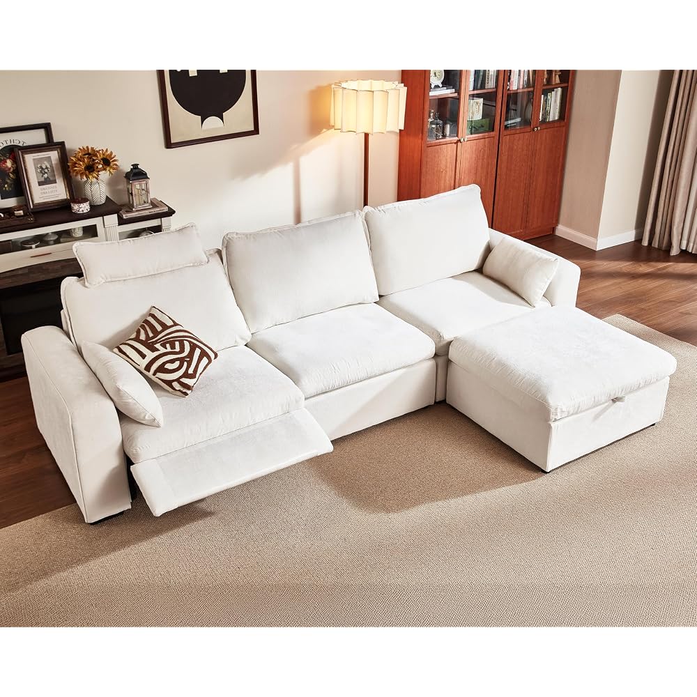 125" Modular Power Reclining Sectional 3 Seater Sofa with Ottoman, Chenille