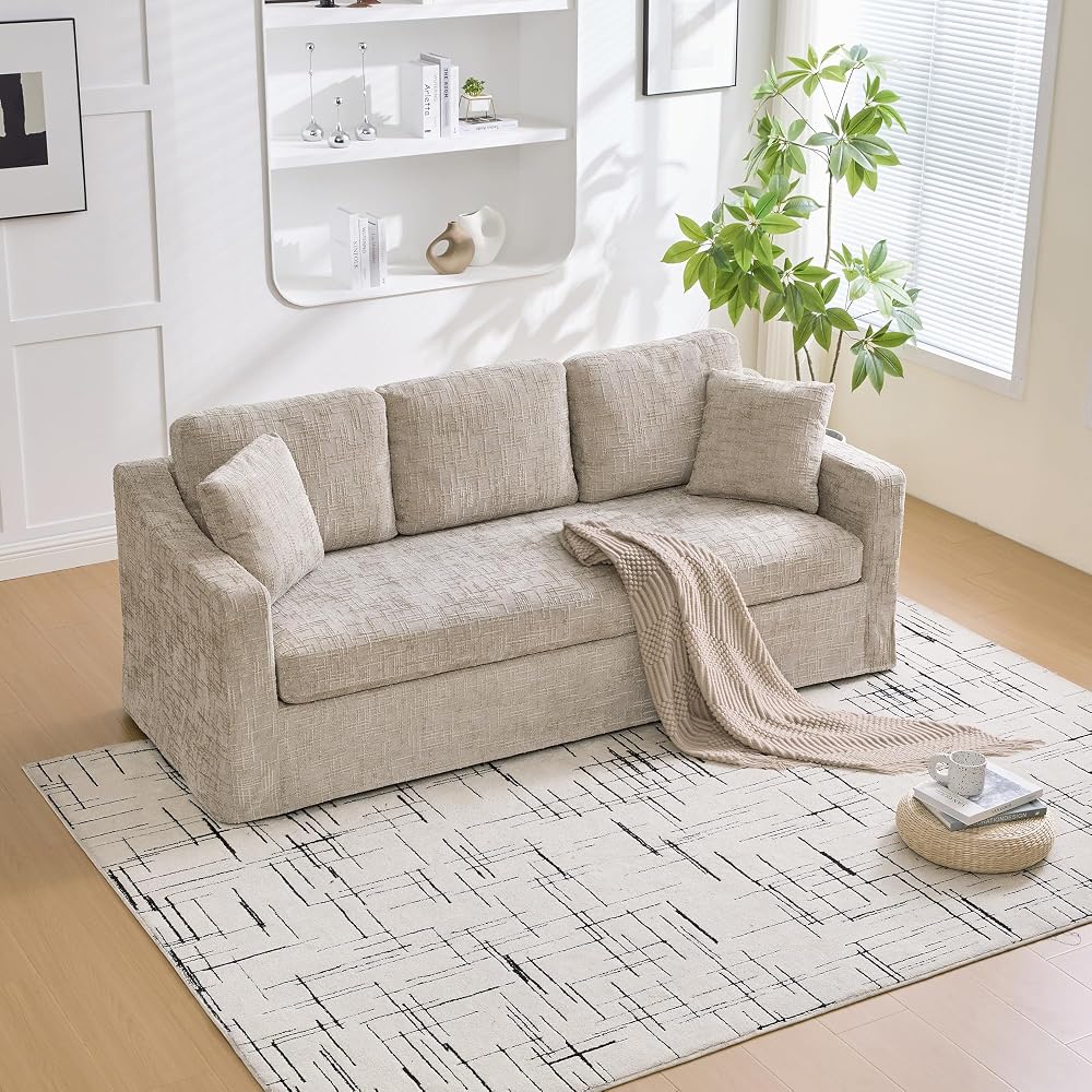 Modern Casual Sofa 83.86" Wide, Chenille Fabric, Deep Seat, 3-Seater with Removable Cover for Living Room, Bedroom, Apartment, Wheat
