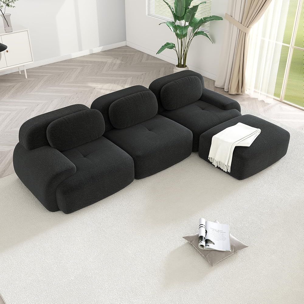 Modular Sectional Sofa Boneless Couch, Cloud Sectional Couches for Living Room, Oversized L Shaped Couch with Deep Seat and Ottoman, Comfy Corduroy Upholstery Black Couches, No Assembly(3S+1O)
