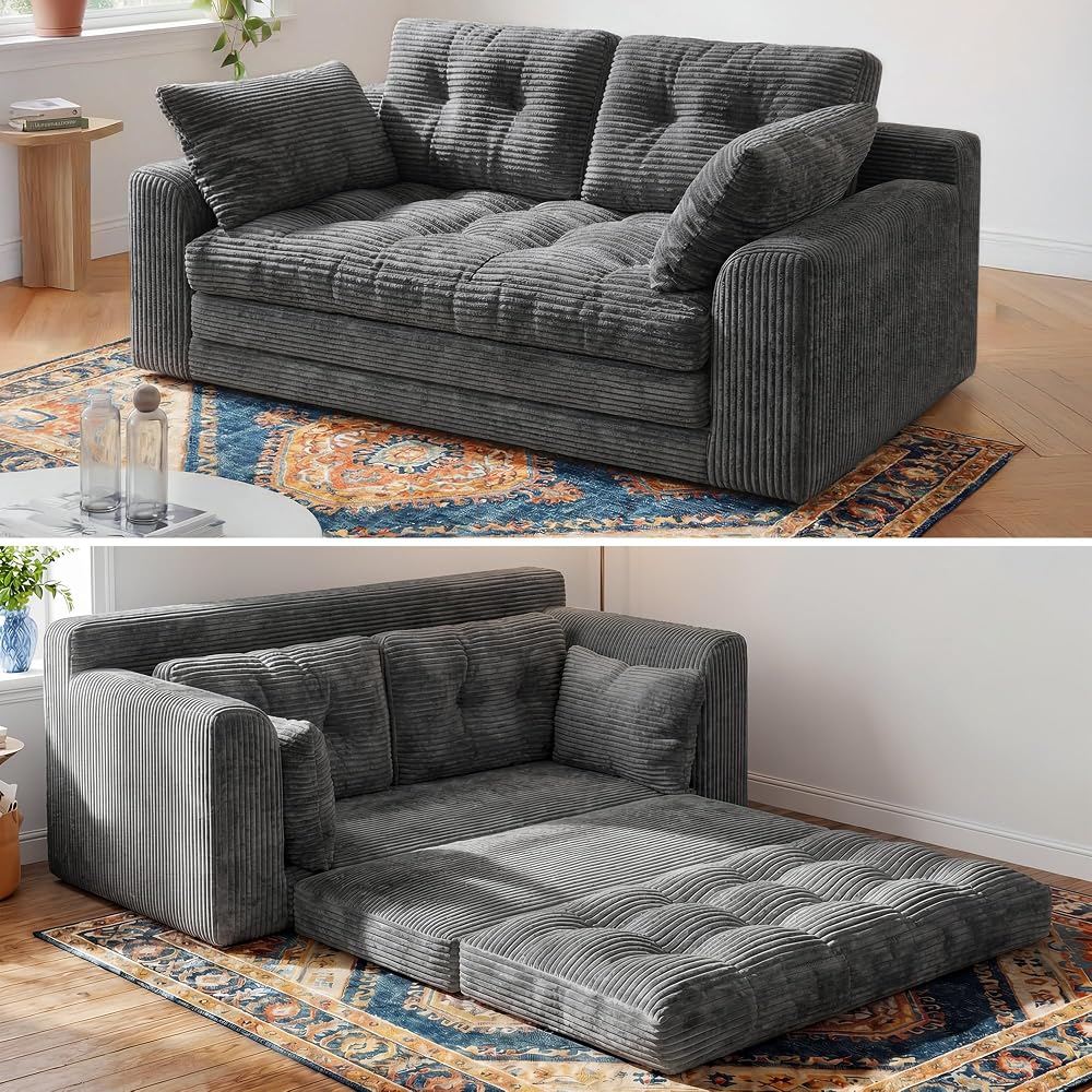 Homkdom Boneless Loveseat Sofa, Convertible Sofa Bed for Small Spaces, Grey