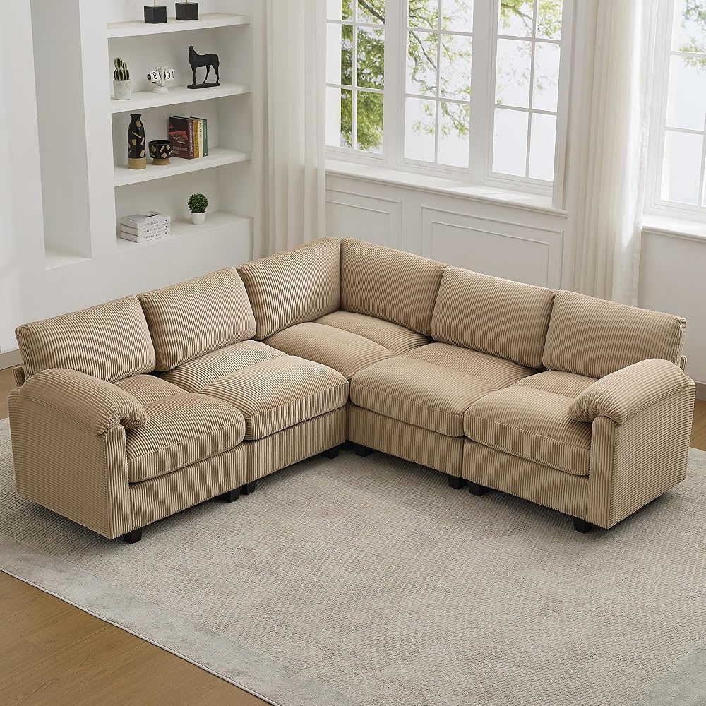 87'' V-Shaped Sectional Sofa Couch, 5-Seater Modular Couches for Living Room, Corduroy Deep Seat Cloud Sofa with Center Stitched, Camel