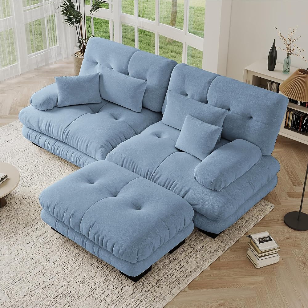 94.4" Convertible Modular Sectional Sofa, Modern Chenille L-Shaped Couch with Ottoman, Comfy 2 Seater Cloud Loveseat Sofa for Small Space, Bedroom, Upholstered Couches for Living Room, Blue