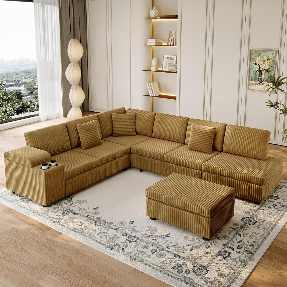 110" L-Shaped Modular Sectional Couch with Pull-Out Bed, Corduroy Convertible 6-Seater Sleeper Sofa Bed with USB Ports & Cup Holders for Living Room, Easy Assembly, Camel