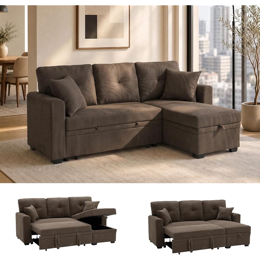71" L-Shaped Couch with Pull-Out Bed, Linen-Look Fabric, Brown