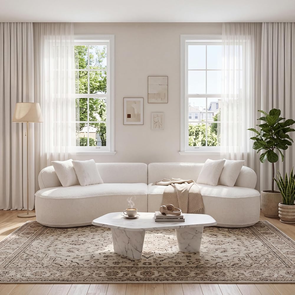 114-Inch Curved Boneless Modular Sofa Compressed 4-Seat Cloud Couch with 4 Pillows, Modern Curved Boneless Foam Sofa Floor Deep Seat Cloud Couch for Living Room Bedroom