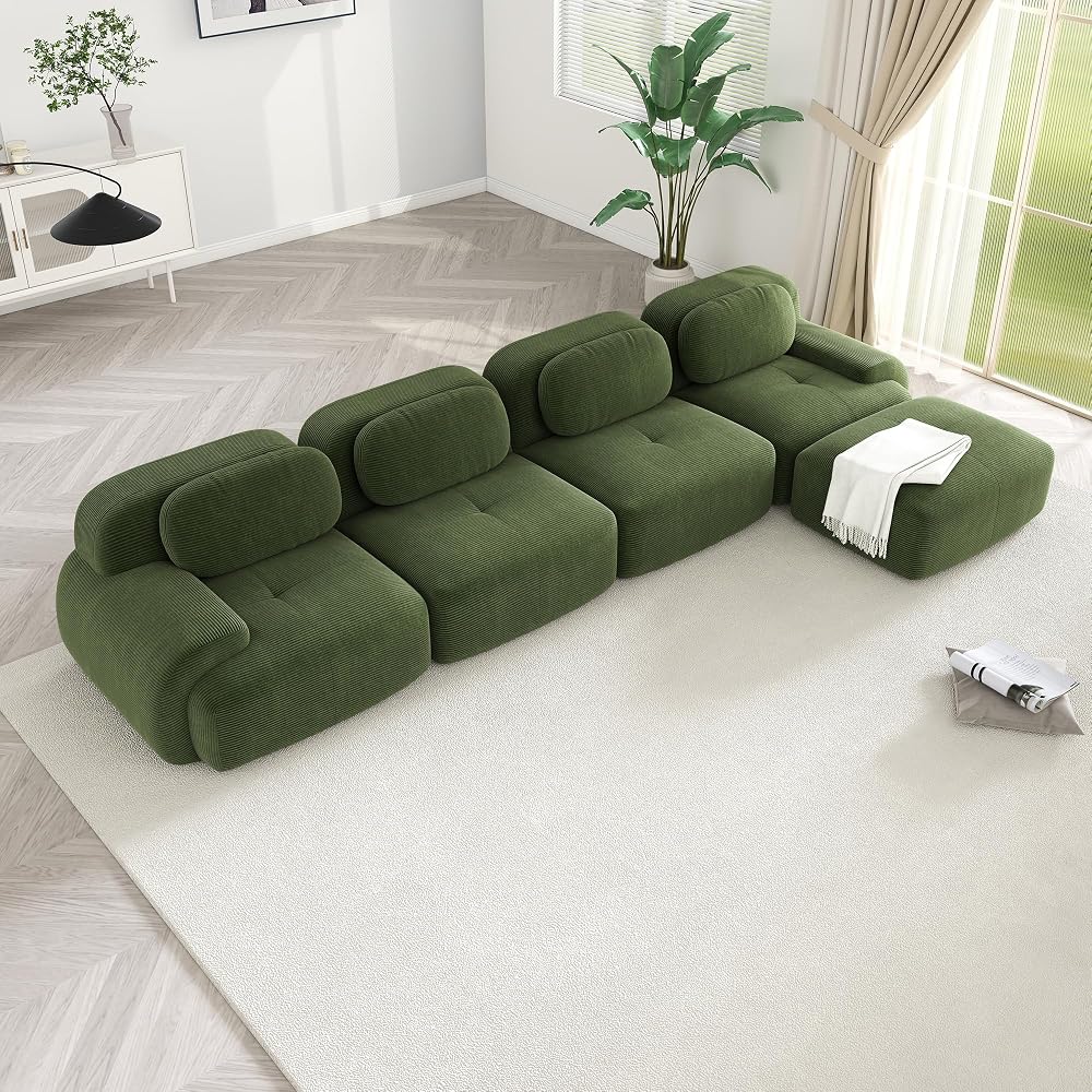 Modular Sectional Sofa Boneless Couch, Cloud Sectional Couches for Living Room, Oversized L Shaped Couch with Deep Seat and Ottoman, Comfy Corduroy Upholstery Green Couches, No Assembly(4S+1O)